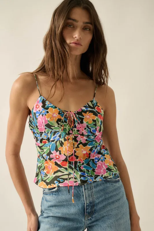 Vivid Blossoms Floral Satin Lace-Up Cami Top made by Promesa