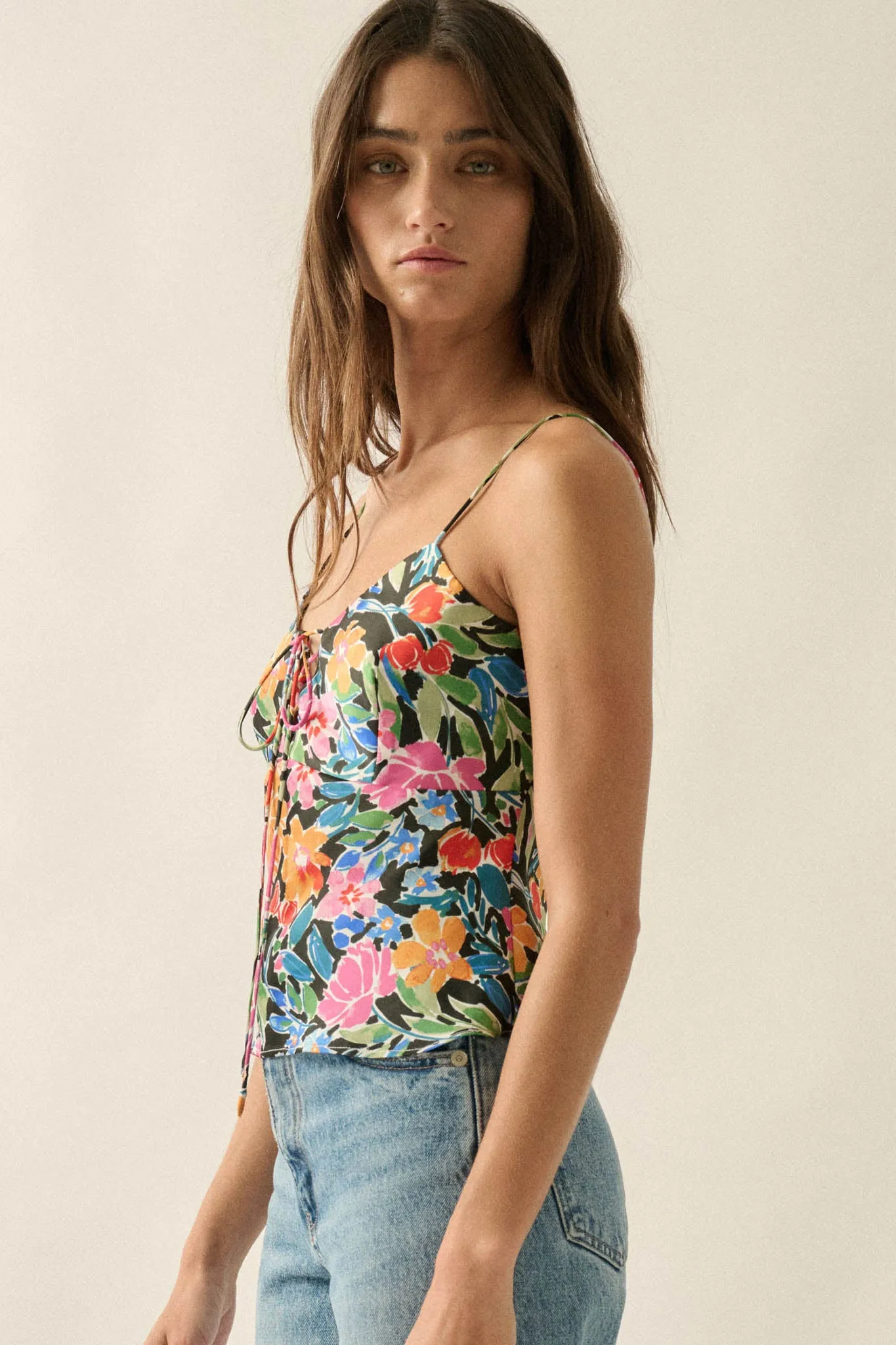 Vivid Blossoms Floral Satin Lace-Up Cami Top sold by Promesa product image thumbnail 5