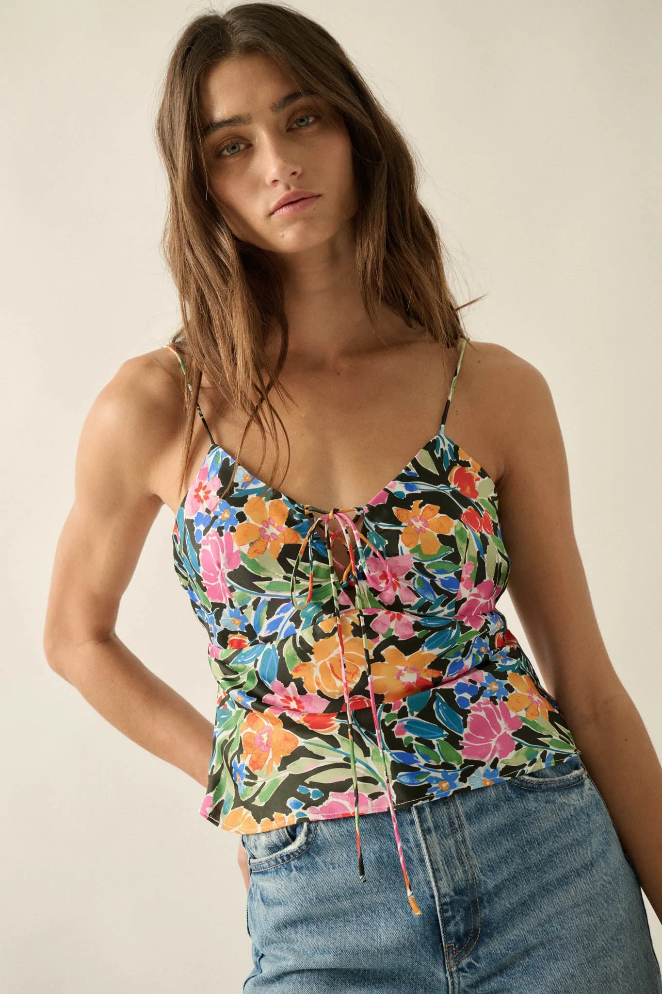 Vivid Blossoms Floral Satin Lace-Up Cami Top sold by Promesa product image thumbnail 4
