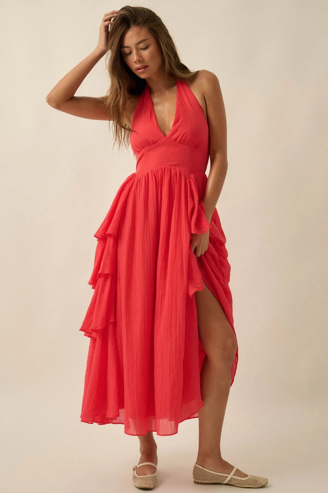 All Aflutter Gauze Tiered Ruffle Halter Maxi Dress sold by Promesa product image thumbnail 4