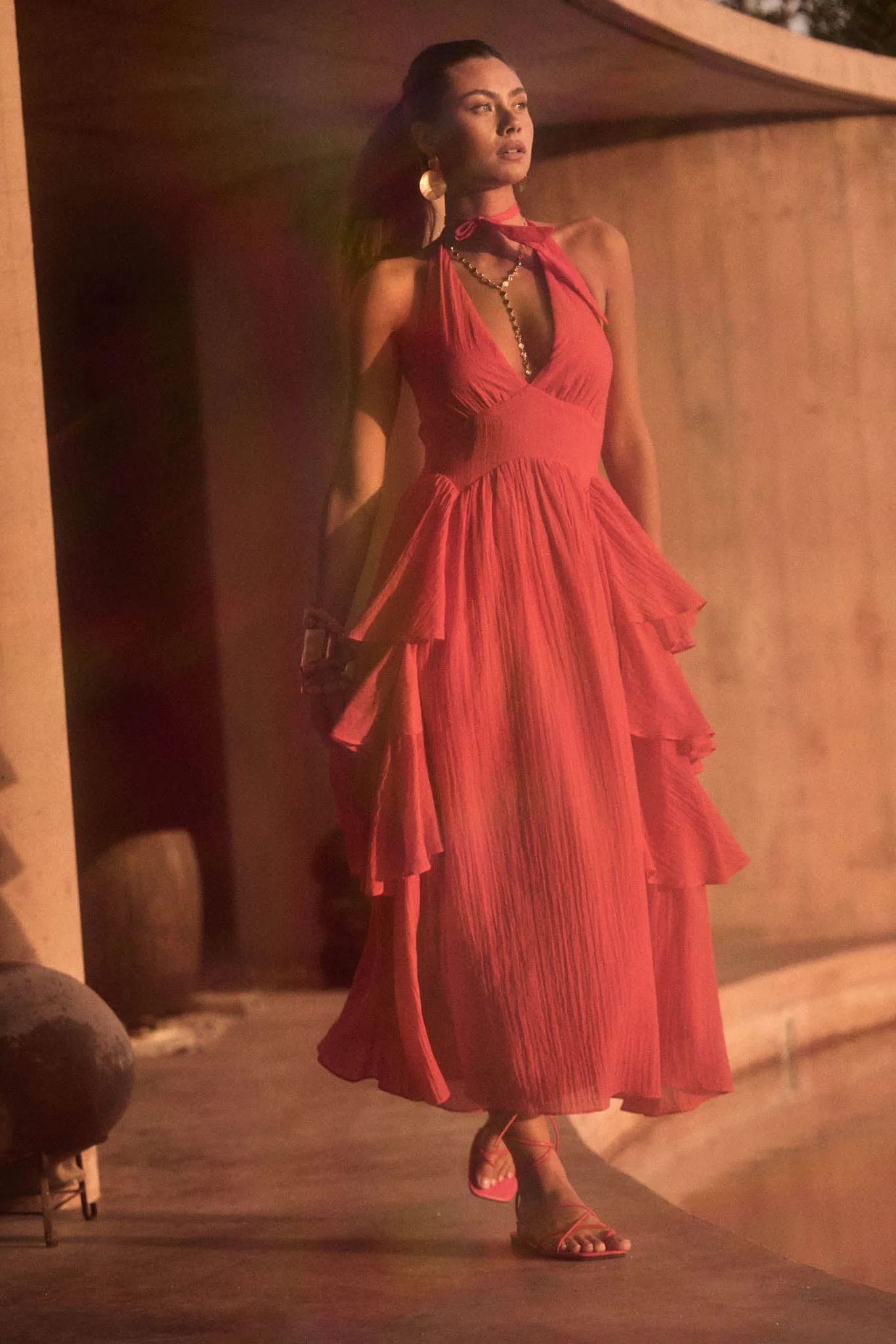All Aflutter Gauze Tiered Ruffle Halter Maxi Dress sold by Promesa