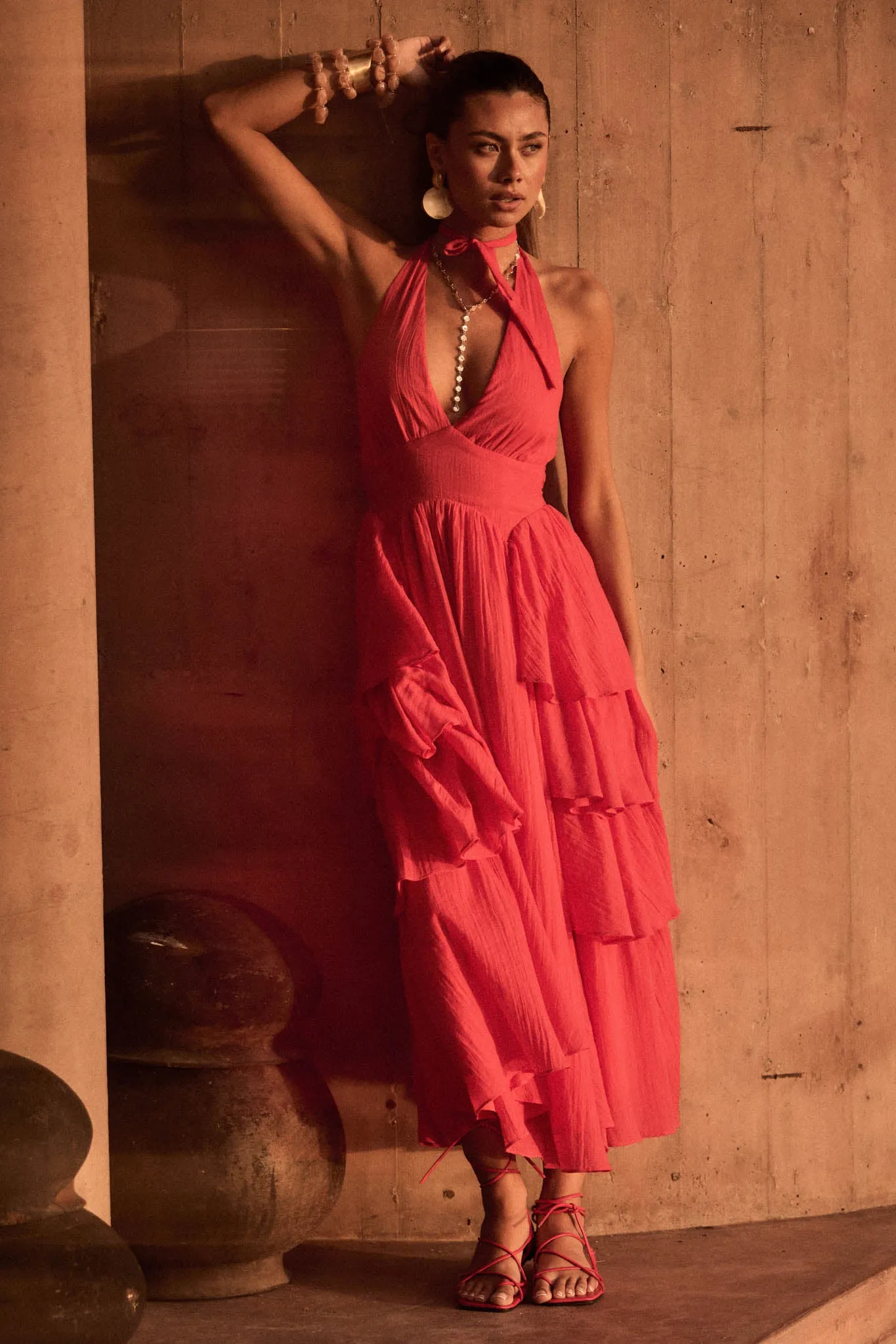All Aflutter Gauze Tiered Ruffle Halter Maxi Dress sold by Promesa product image thumbnail 3