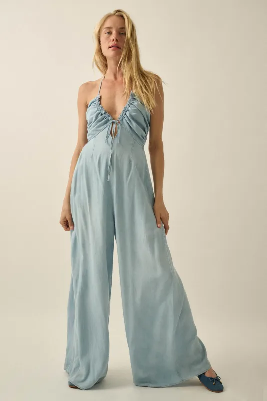 Summer Skies Denim Wide-Leg Halter Jumpsuit made by Promesa