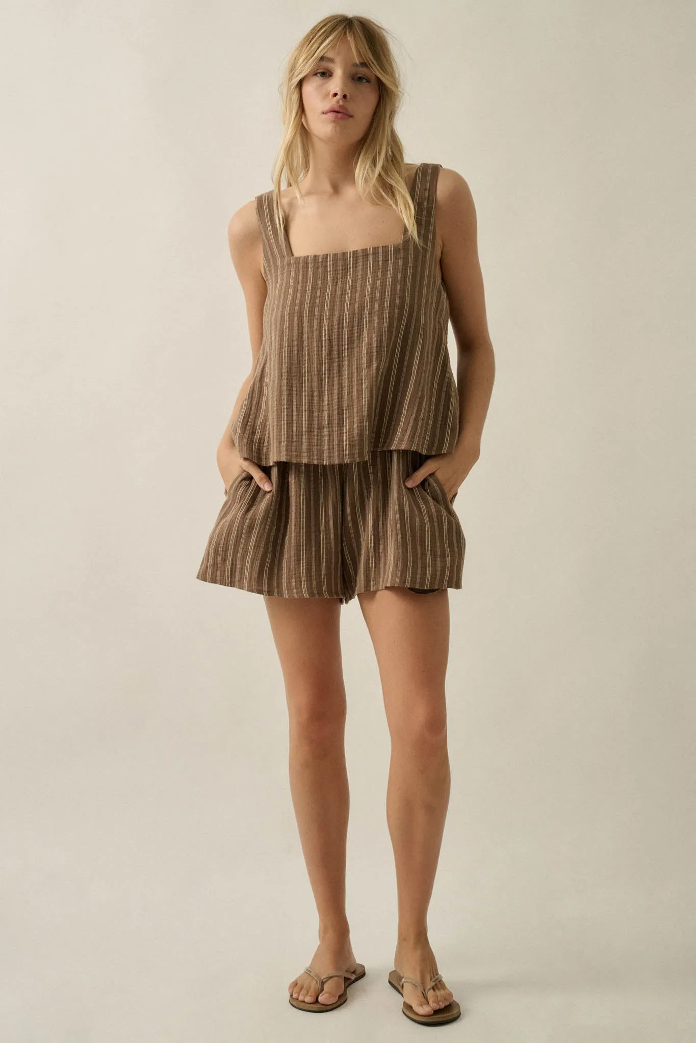 Tide Line Striped Cotton Sleeveless Layered Romper sold by Promesa