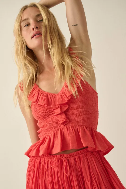 Get Free Smocked Cotton Gauze V-Neck Ruffle Top made by Promesa