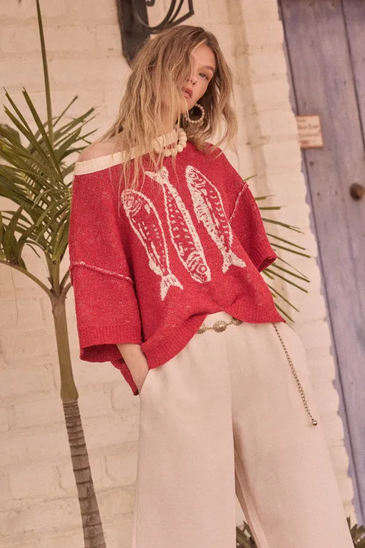 Plenty of Fish Jacquard-Knit Short-Sleeve Sweater made by Promesa