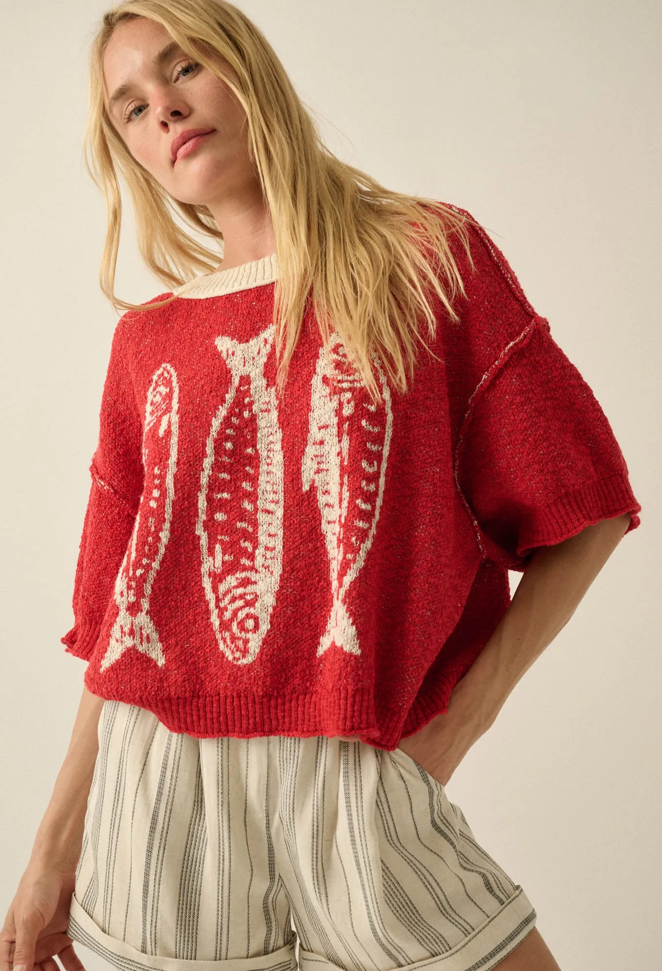 Plenty of Fish Jacquard-Knit Short-Sleeve Sweater sold by Promesa product image thumbnail 4