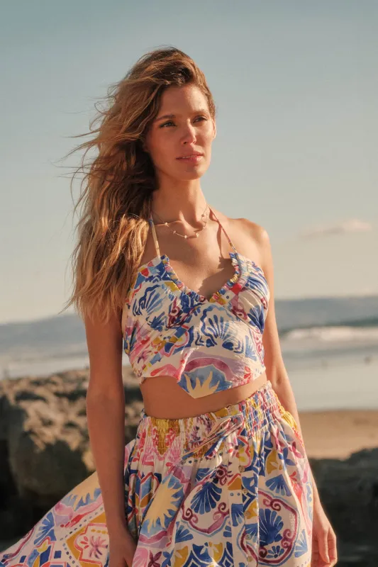Iconic Ibiza Tile-Print Cropped Tie-Back Halter Top made by Promesa