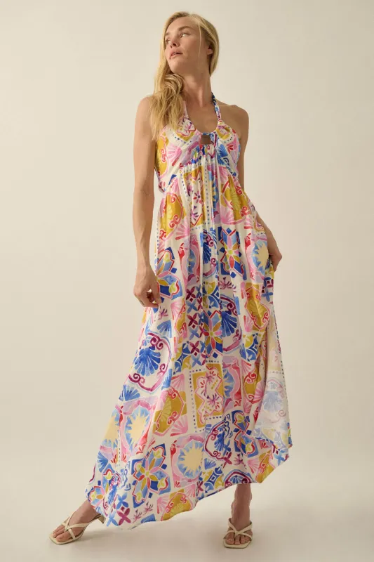 Sunny Saville Tile-Print Open-Back Halter Maxi Dress made by Promesa