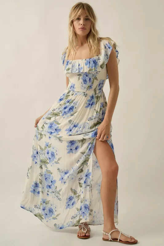 Elegant Garden Floral Smocked Off-Shoulder Maxi Dress made by Promesa