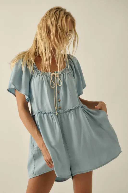 Skies Above Denim Tie-Neck Flutter-Sleeve Romper made by Promesa