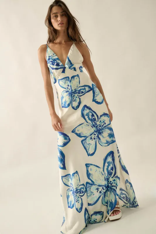 Azure Blossoms Floral Satin Open-Back Maxi Dress made by Promesa