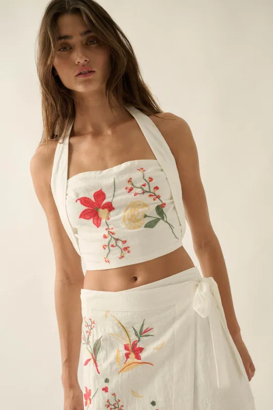 Fresh Flowers Embroidered Cotton Cropped Halter Top made by Promesa
