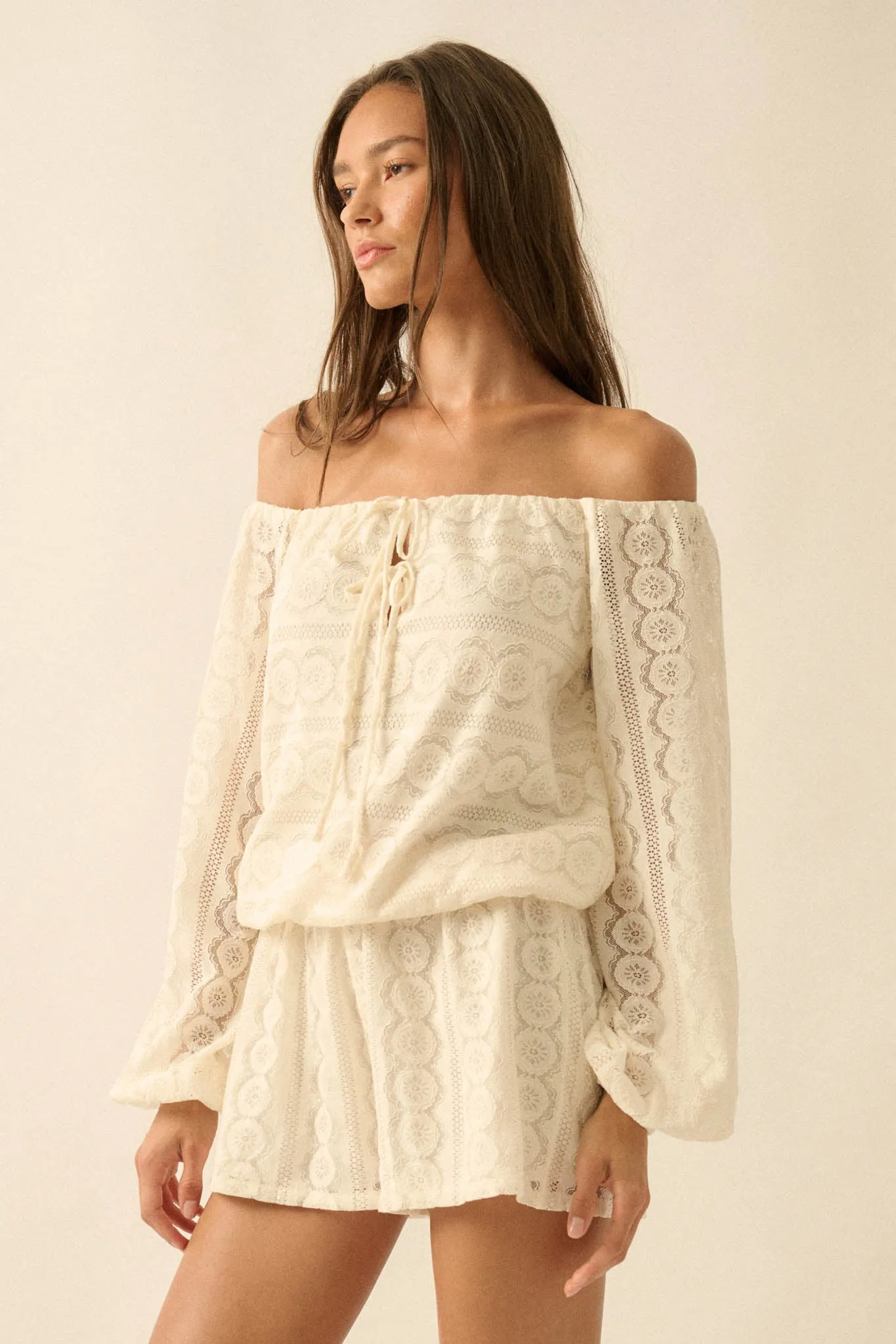 Sweet Daydream Lace Off-Shoulder Long-Sleeve Romper sold by Promesa product image thumbnail 5