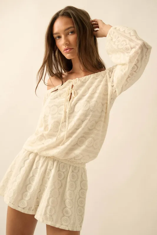 Sweet Daydream Lace Off-Shoulder Long-Sleeve Romper made by Promesa