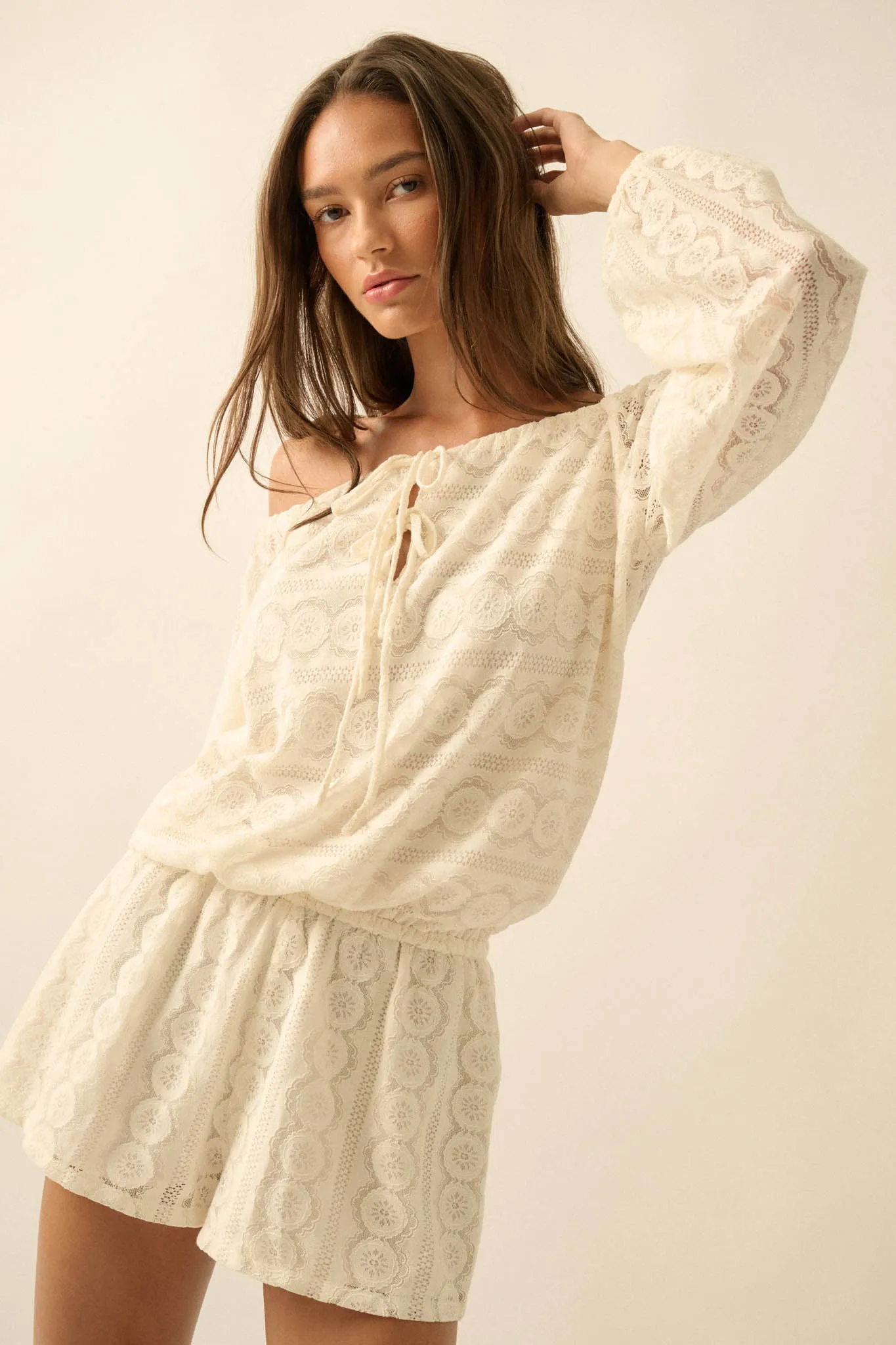Sweet Daydream Lace Off-Shoulder Long-Sleeve Romper sold by Promesa