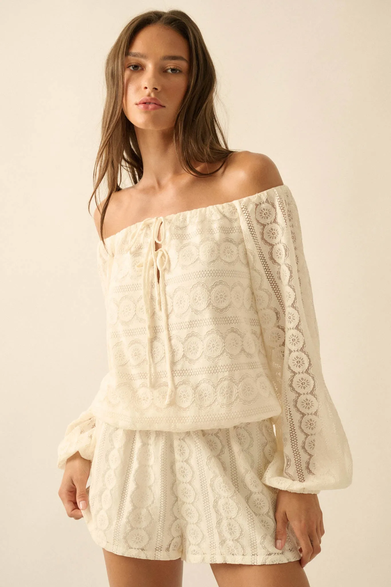 Sweet Daydream Lace Off-Shoulder Long-Sleeve Romper sold by Promesa product image thumbnail 3