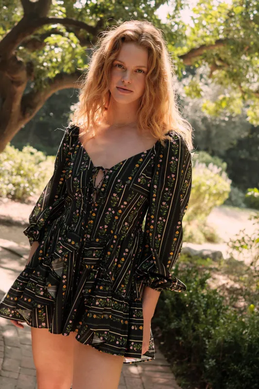 Floral Fields Floral-Stripe Ruffled Tie-Front Romper made by Promesa