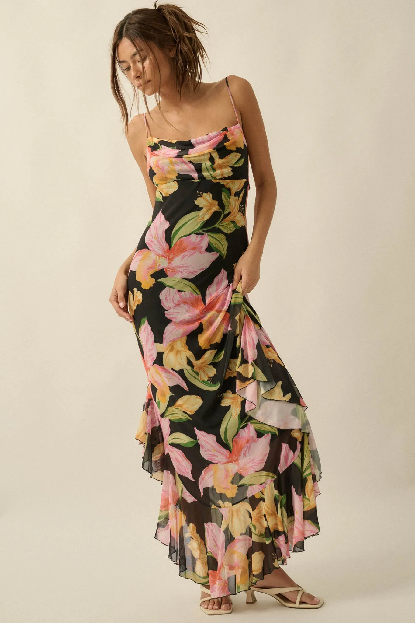 Lavish Petals Floral Mesh Ruffle Maxi Dress and Scarf sold by Promesa product image thumbnail 3