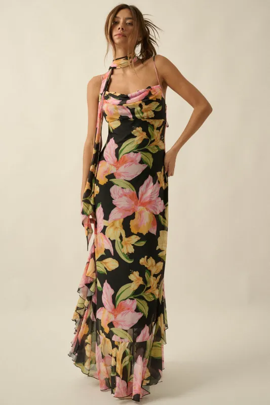 Lavish Petals Floral Mesh Ruffle Maxi Dress and Scarf made by Promesa
