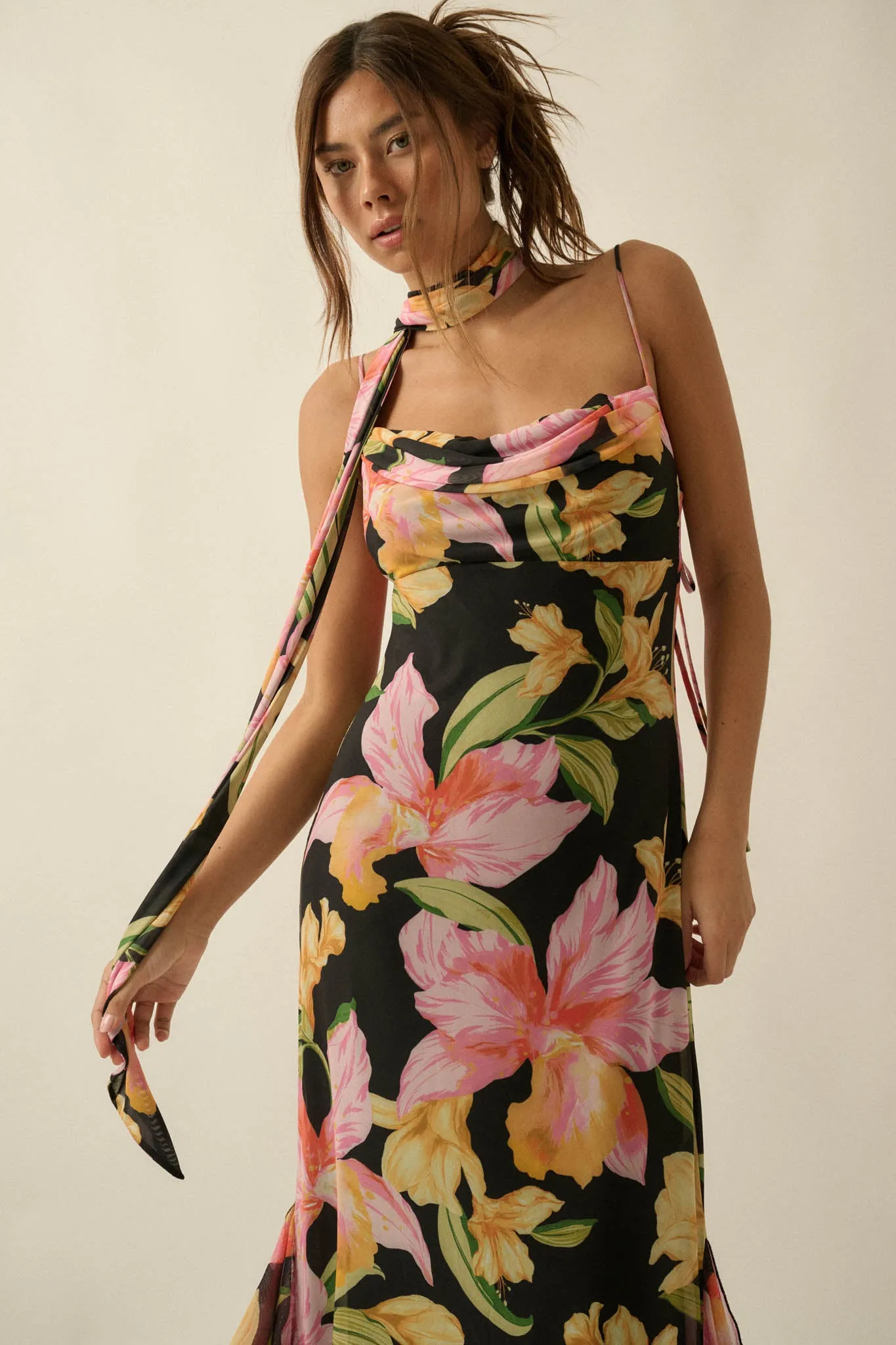 Lavish Petals Floral Mesh Ruffle Maxi Dress and Scarf sold by Promesa product image thumbnail 2