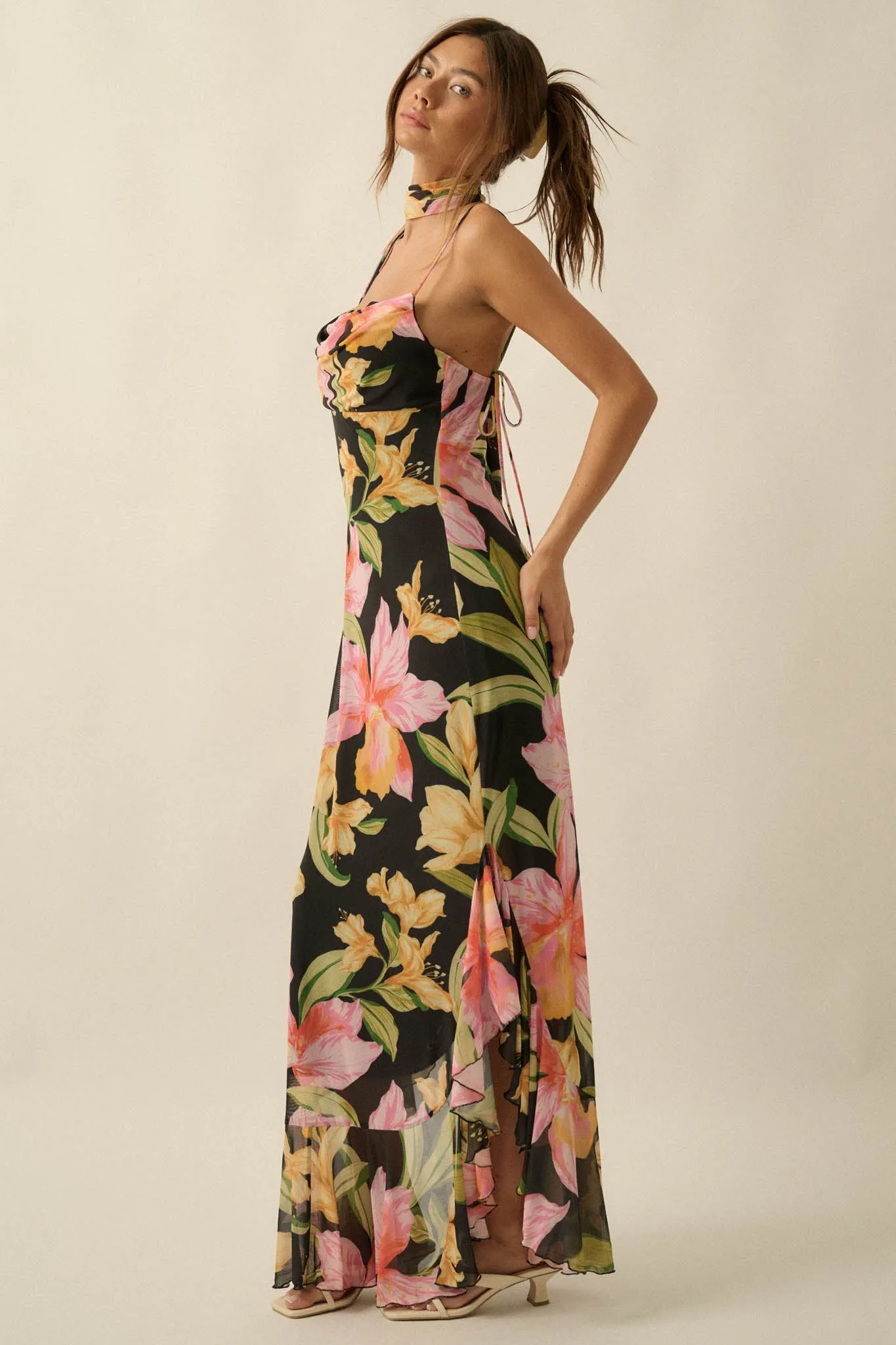 Lavish Petals Floral Mesh Ruffle Maxi Dress and Scarf sold by Promesa product image thumbnail 5
