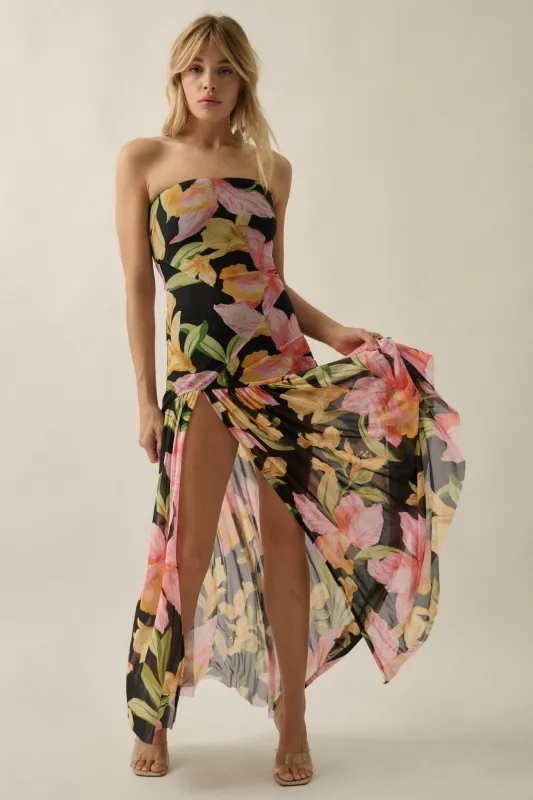 Opulent Blossoms Floral Mesh Strapless Maxi Dress made by Promesa