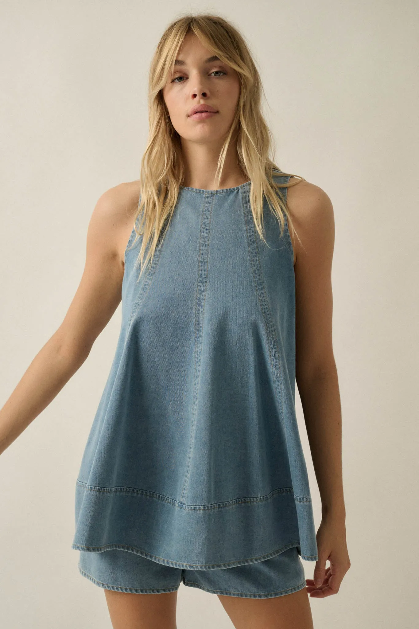 Pure Jeanius Denim Sleeveless A-Line Layered Romper sold by Promesa product image thumbnail 5