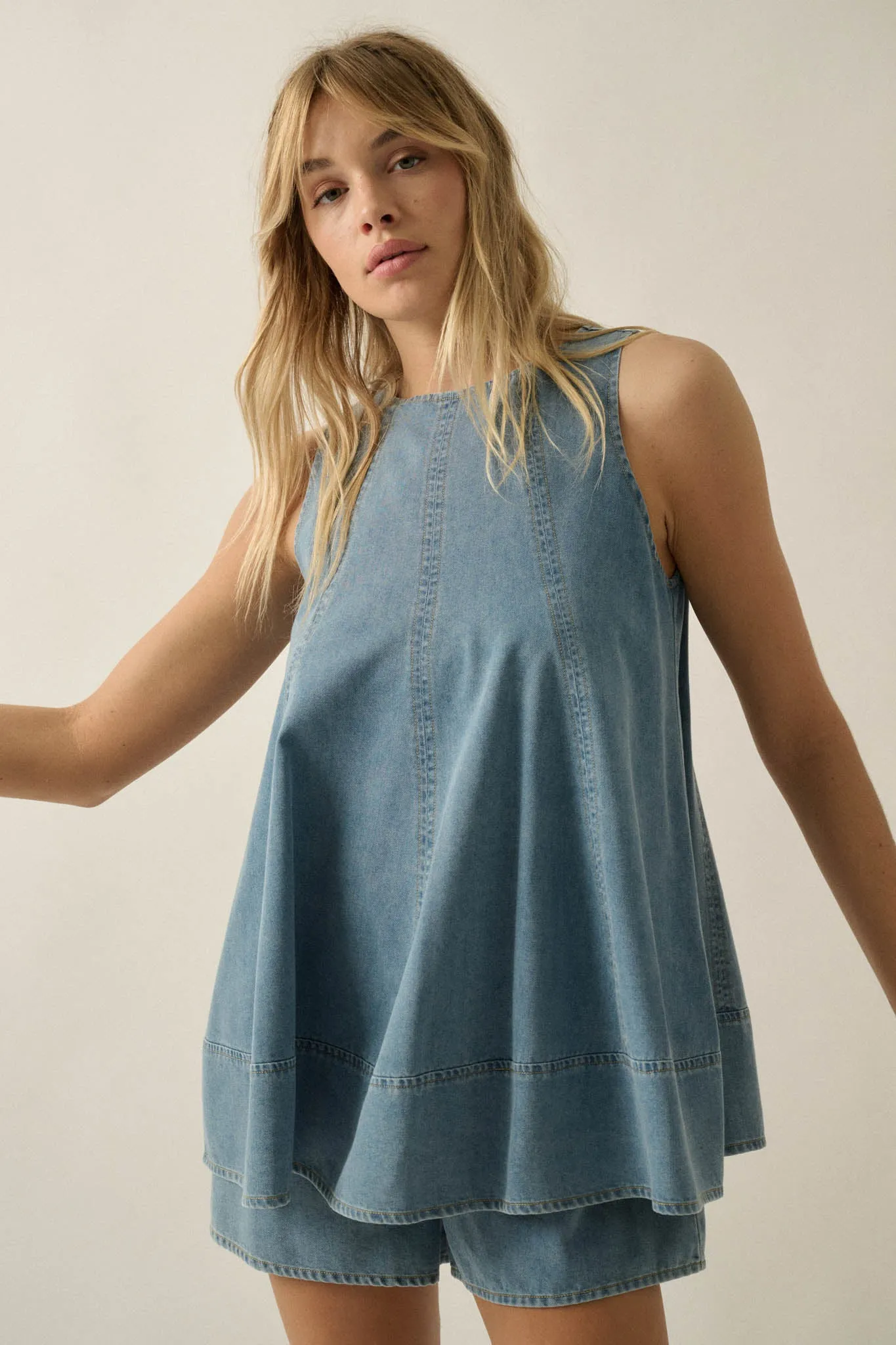 Pure Jeanius Denim Sleeveless A-Line Layered Romper sold by Promesa