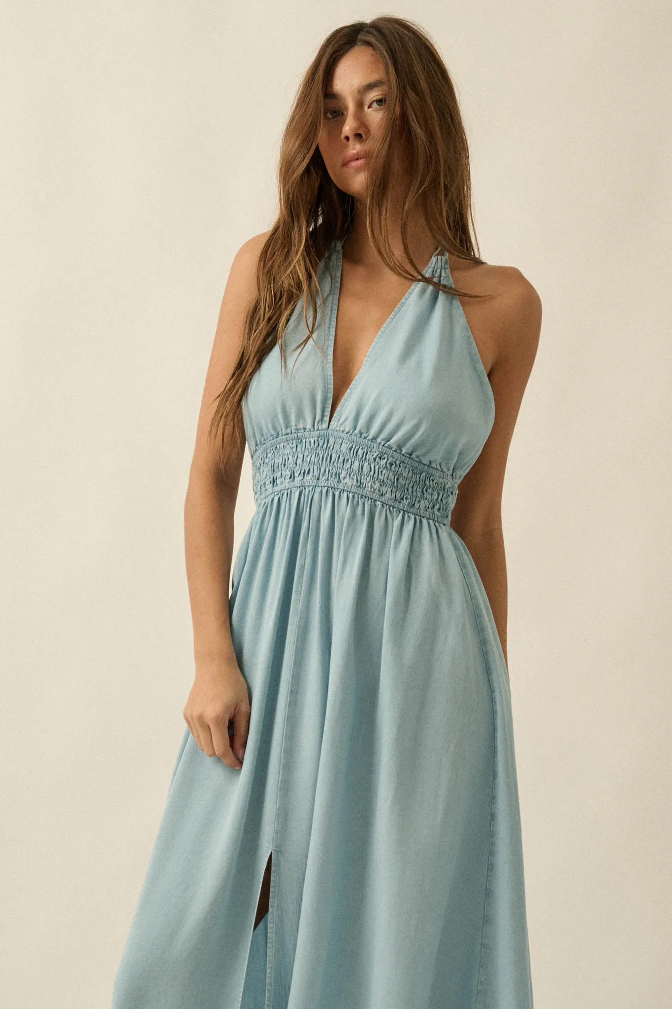 Beautiful Skies Denim Open-Back Halter Maxi Dress sold by Promesa product image thumbnail 4