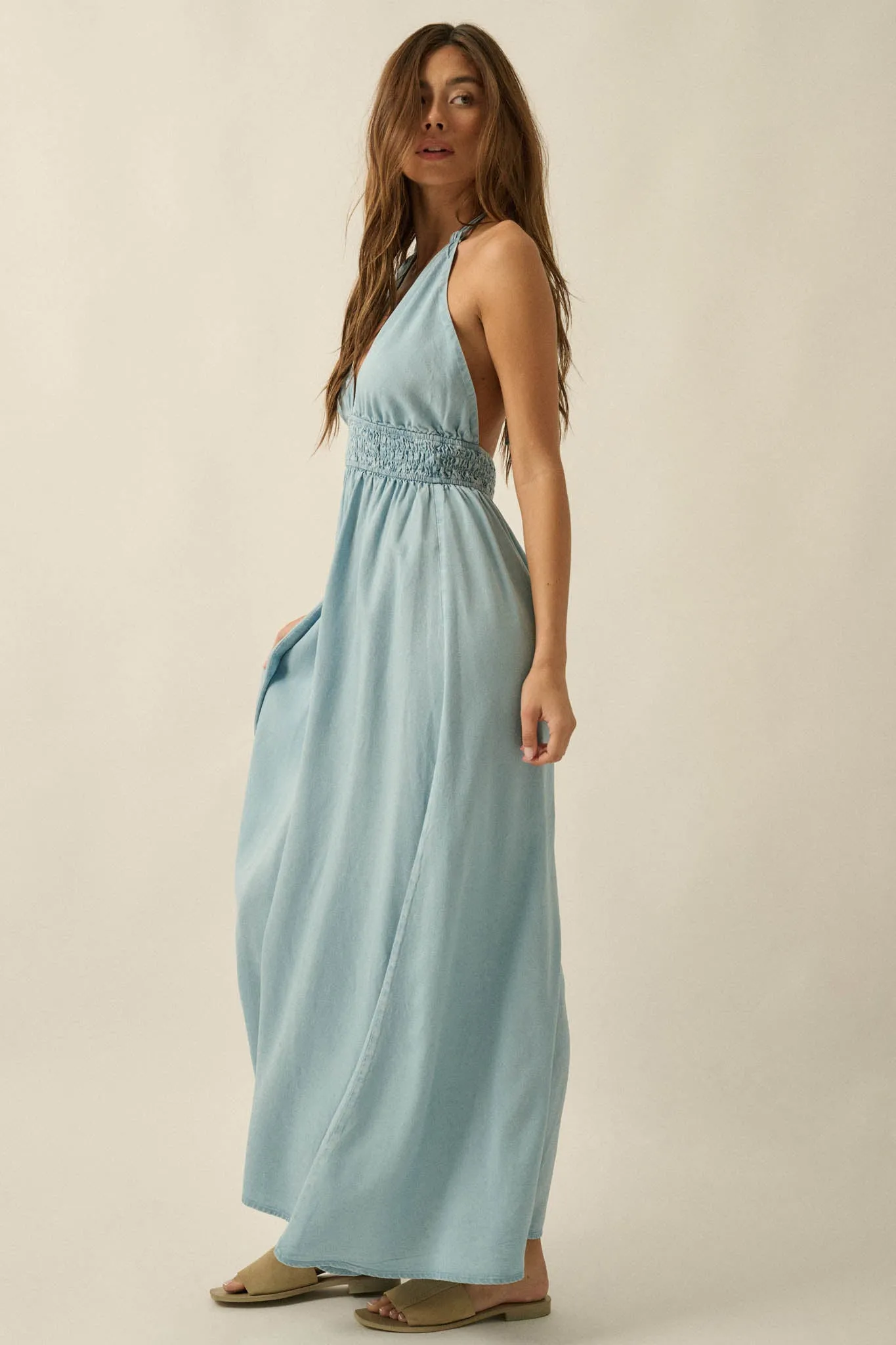 Beautiful Skies Denim Open-Back Halter Maxi Dress sold by Promesa product image thumbnail 5