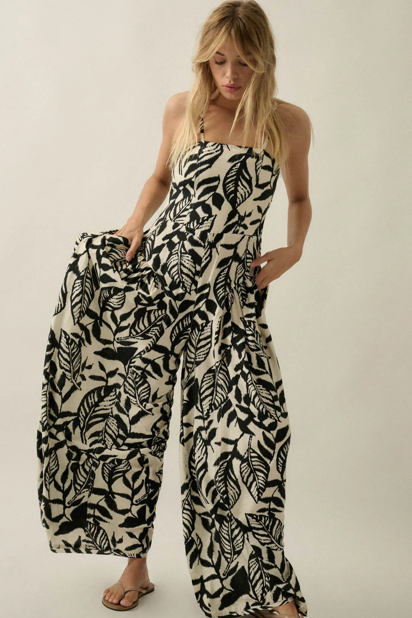 Lush Leaves Tropical-Print Wide-Leg Cami Jumpsuit sold by Promesa product image thumbnail 5