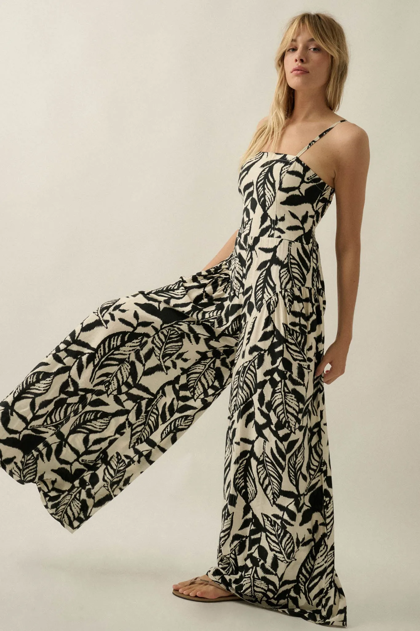 Lush Leaves Tropical-Print Wide-Leg Cami Jumpsuit sold by Promesa product image thumbnail 3