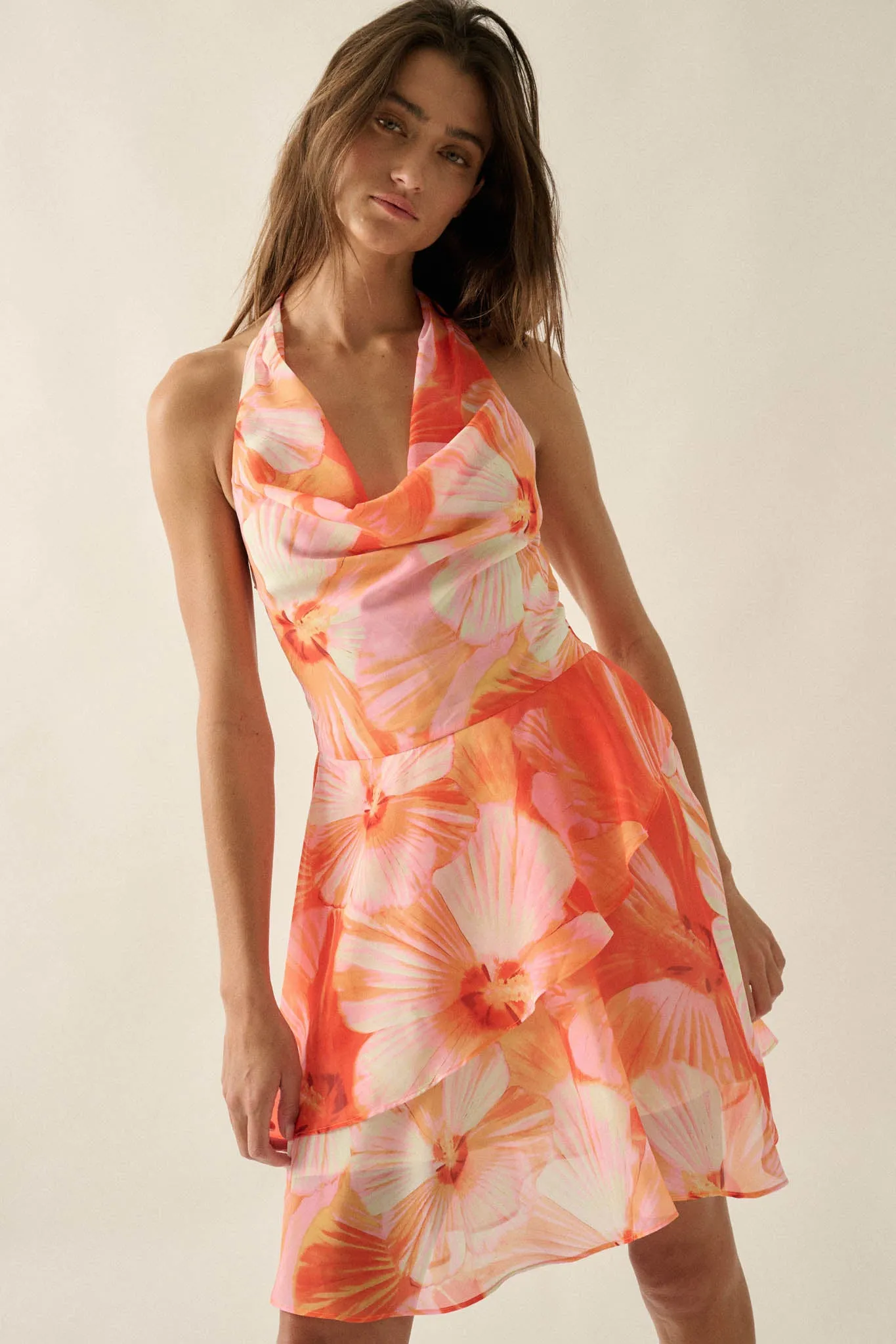 Floral Shores Floral Chiffon Cowl-Neck Mini Dress sold by Promesa