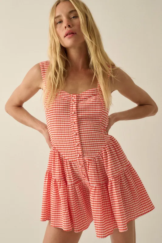 Sugar High Gingham Tiered Ruffle Sweetheart Romper made by Promesa