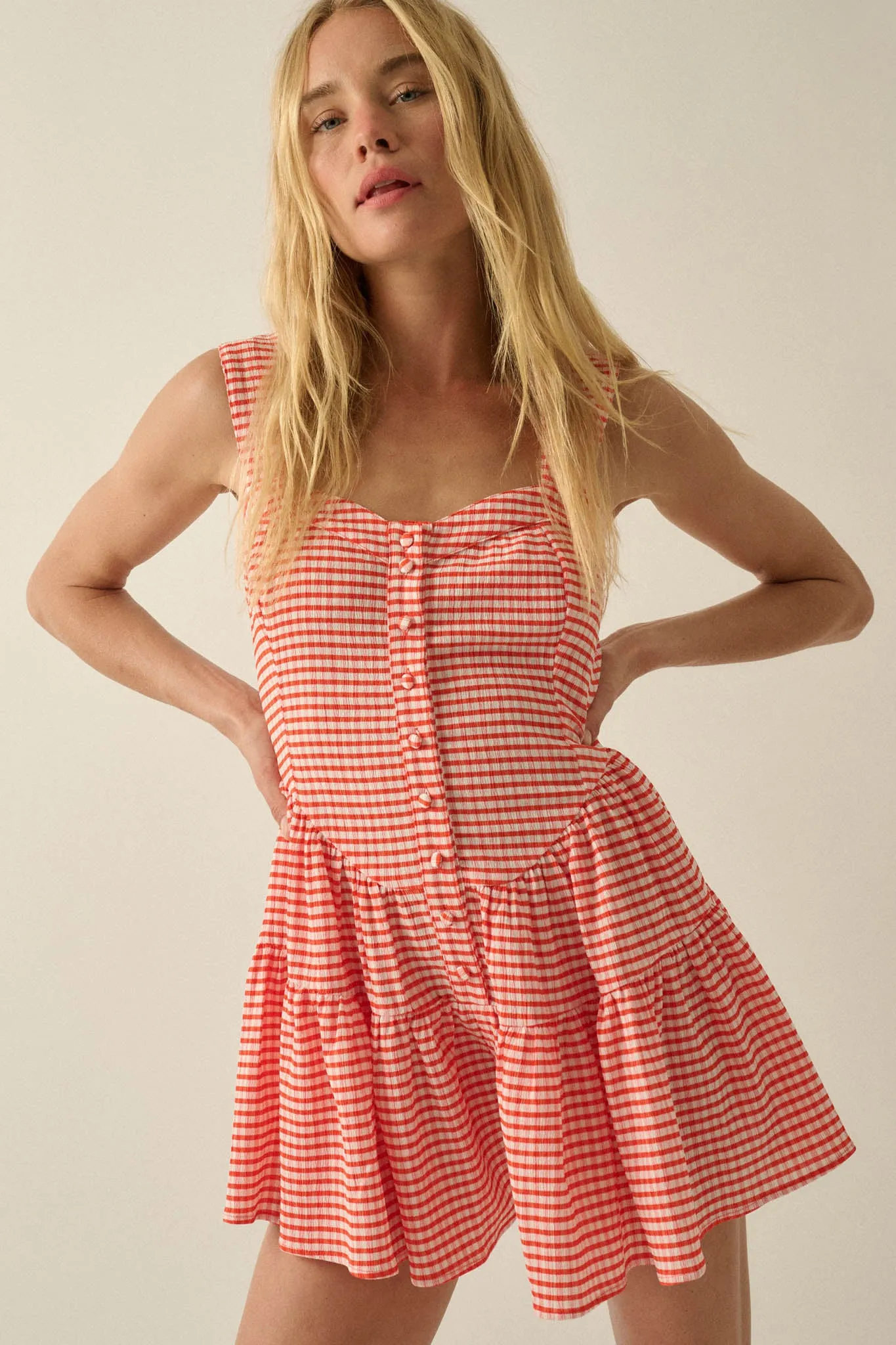 Sugar High Gingham Tiered Ruffle Sweetheart Romper sold by Promesa