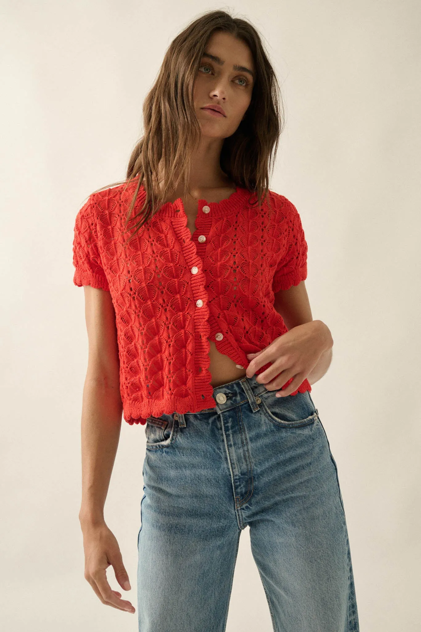 Something More Pointelle-Knit Short-Sleeve Cardigan sold by Promesa product image thumbnail 5