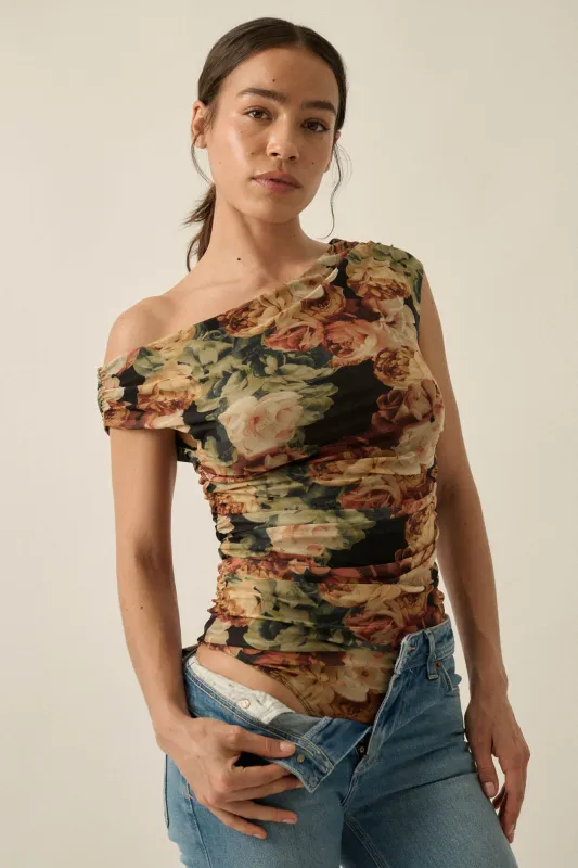 Radiant Roses Floral Mesh One-Shoulder Bodysuit made by Promesa