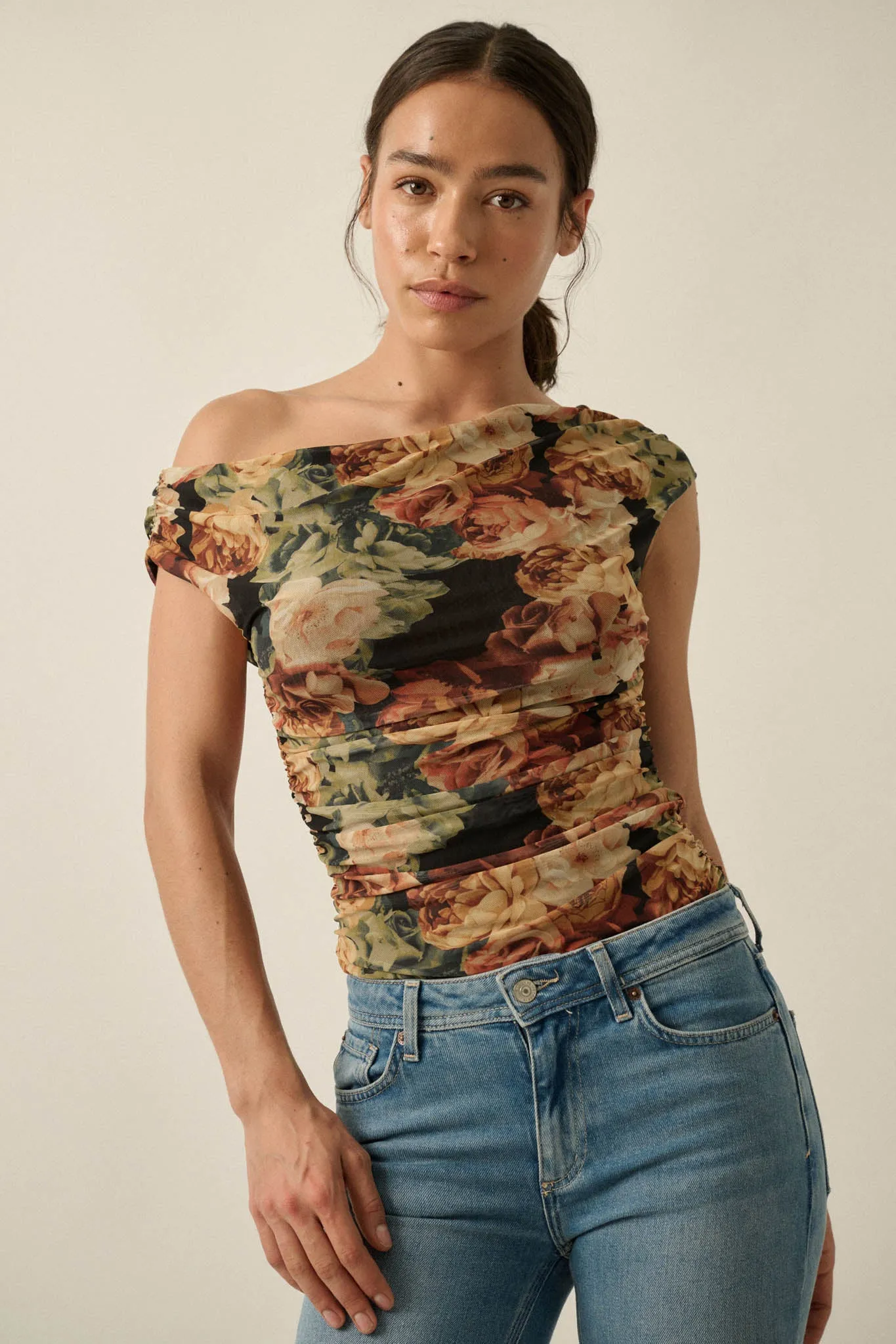 Radiant Roses Floral Mesh One-Shoulder Bodysuit sold by Promesa product image thumbnail 3