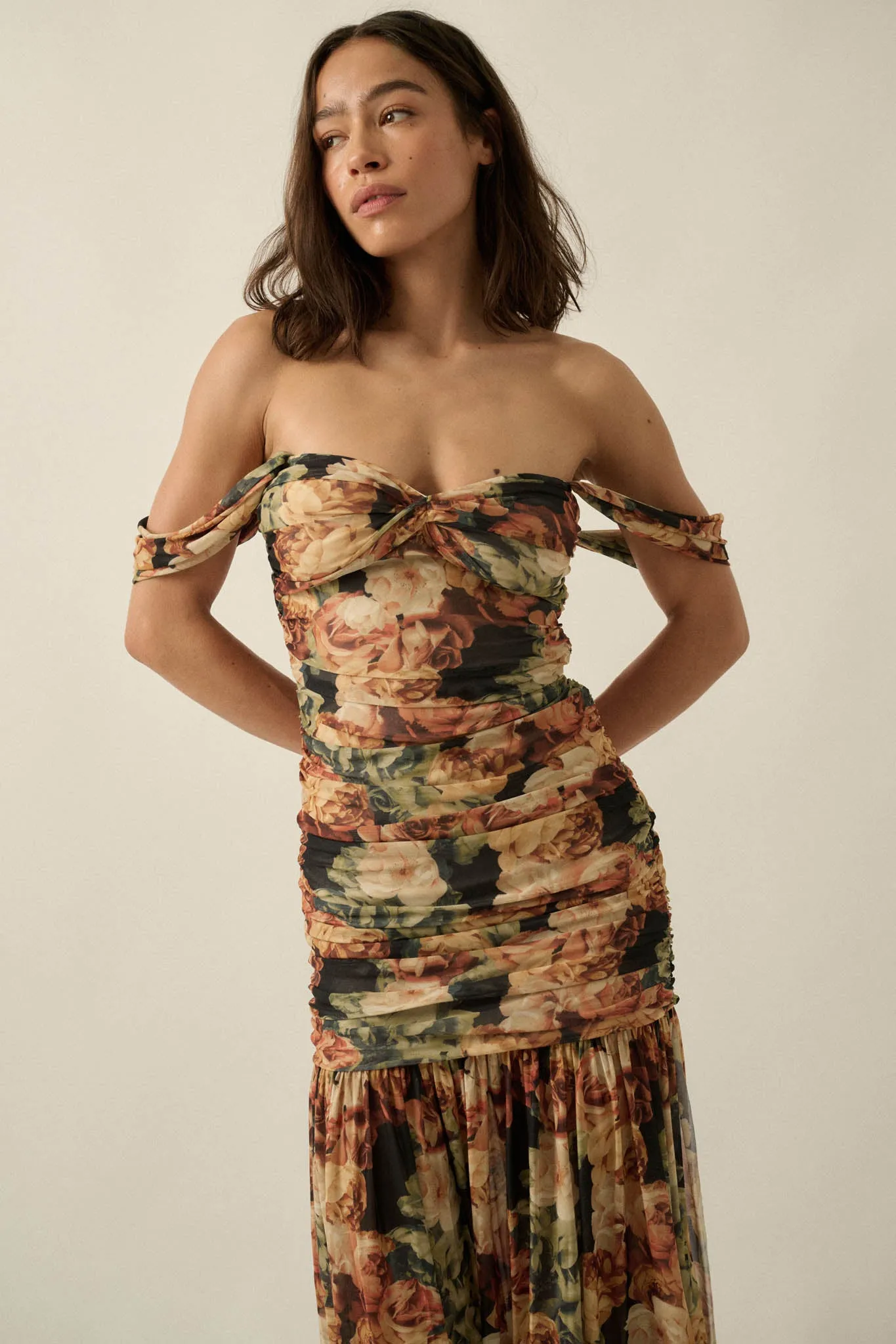 Ravishing Roses Floral Mesh Ruched Maxi Dress sold by Promesa product image thumbnail 4