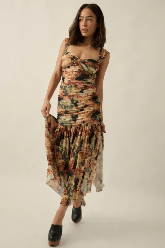 Ravishing Roses Floral Mesh Ruched Maxi Dress made by Promesa