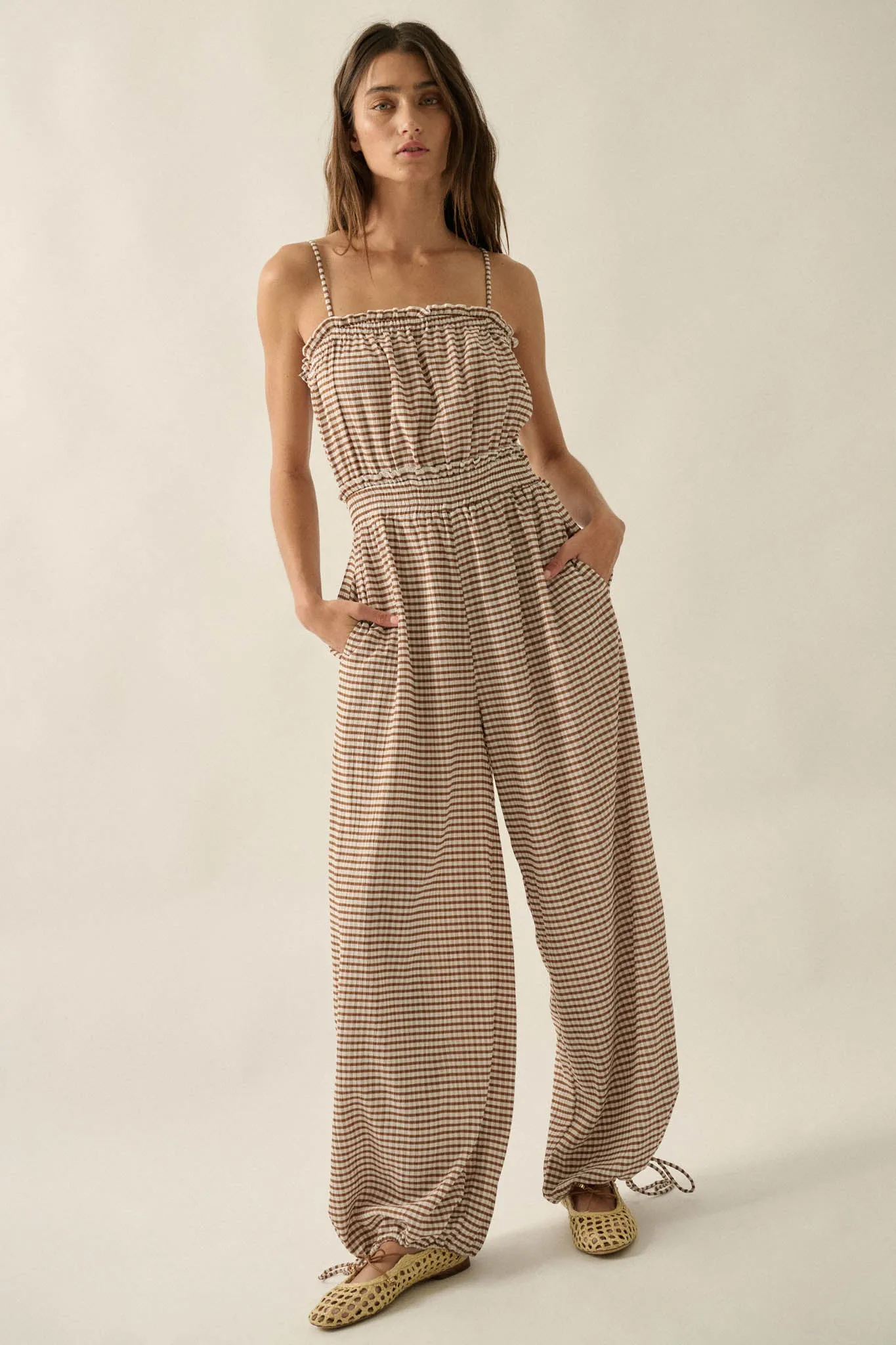 Pure Sweetness Gingham Tie-Back Balloon Jumpsuit sold by Promesa