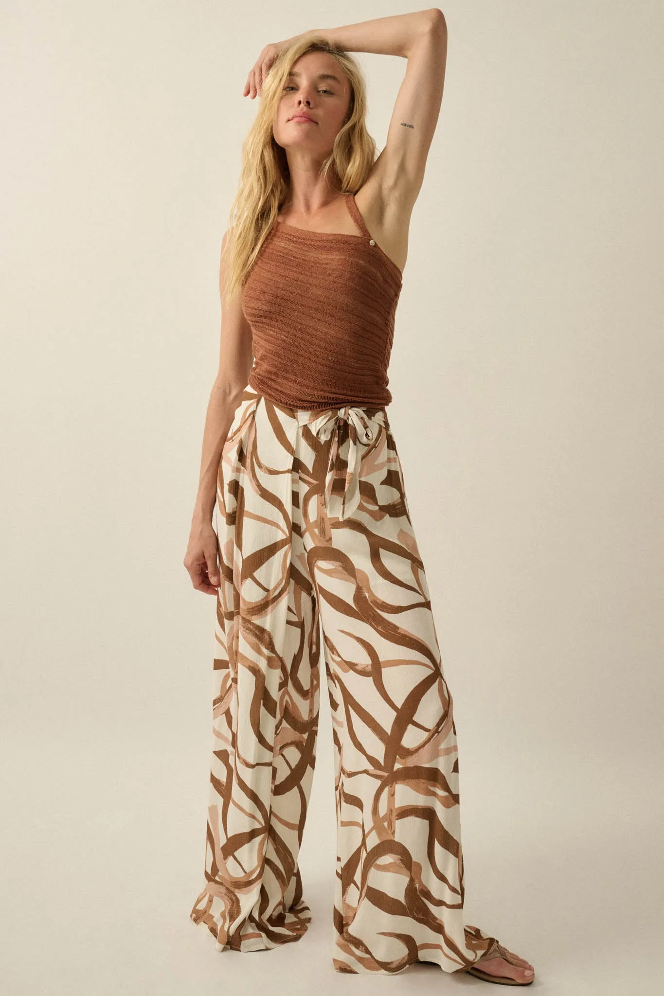 Loose Ends Ribbon-Print Wide-Leg Wrap Pants sold by Promesa product image thumbnail 4