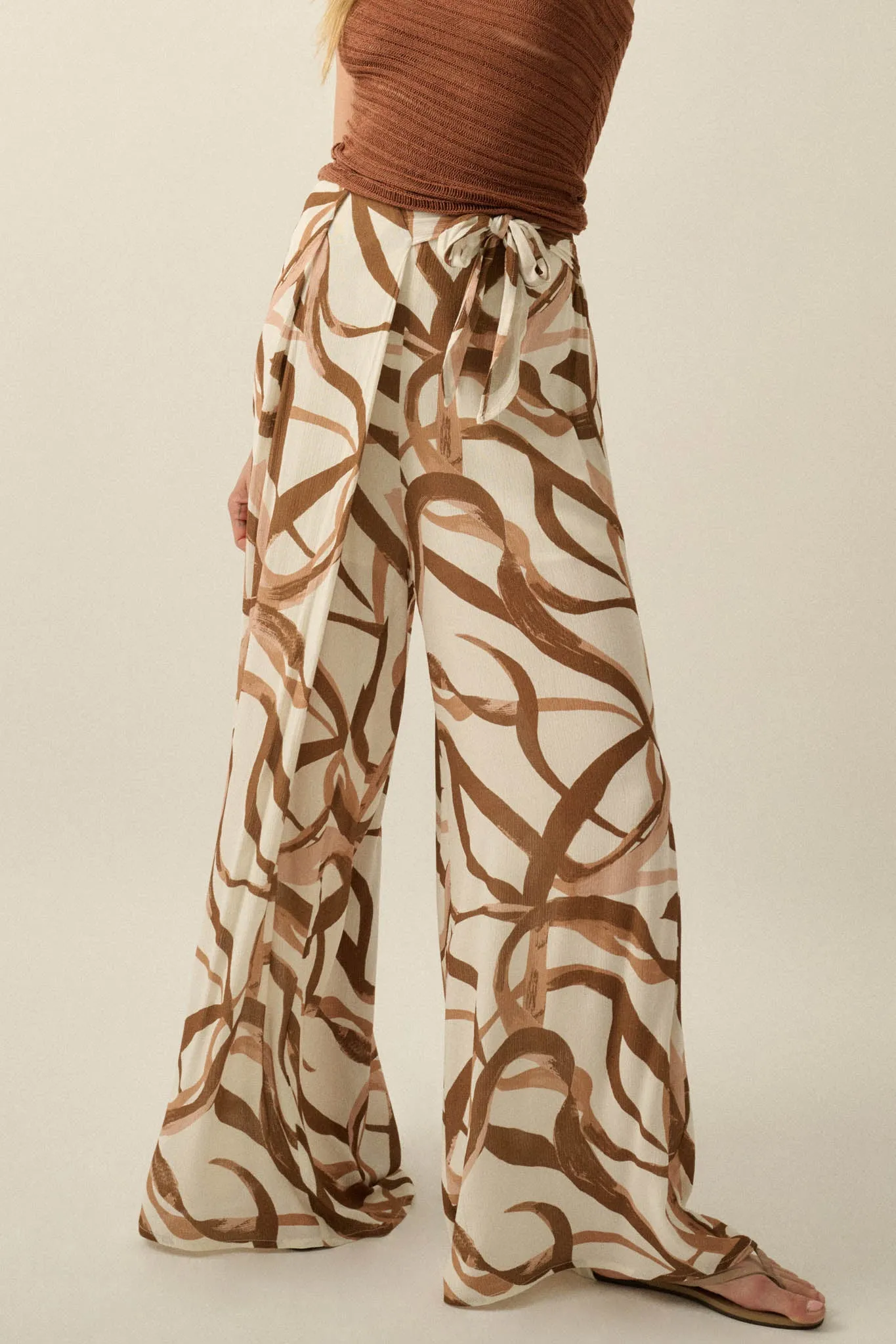 Loose Ends Ribbon-Print Wide-Leg Wrap Pants sold by Promesa product image thumbnail 2