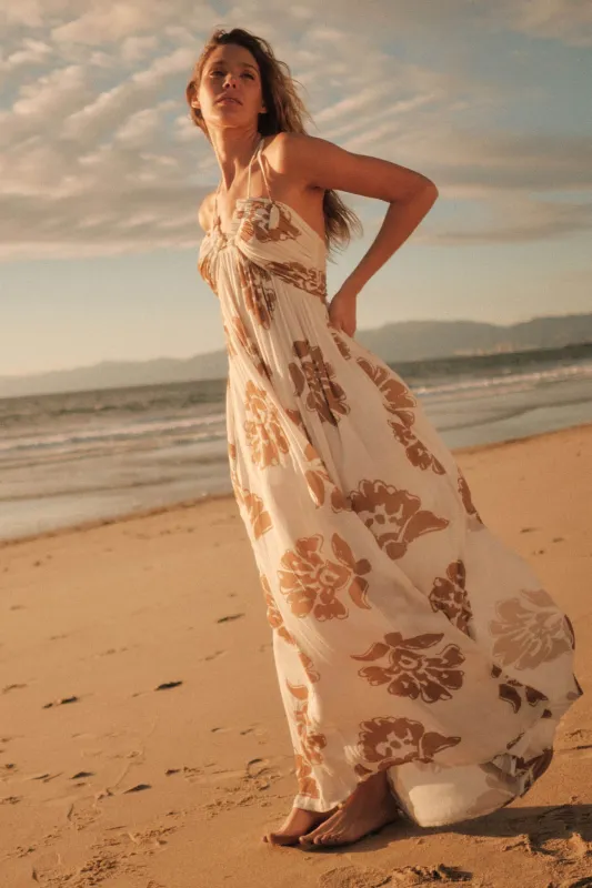 Golden Magnolia Floral Tie-Back Halter Maxi Dress made by Promesa