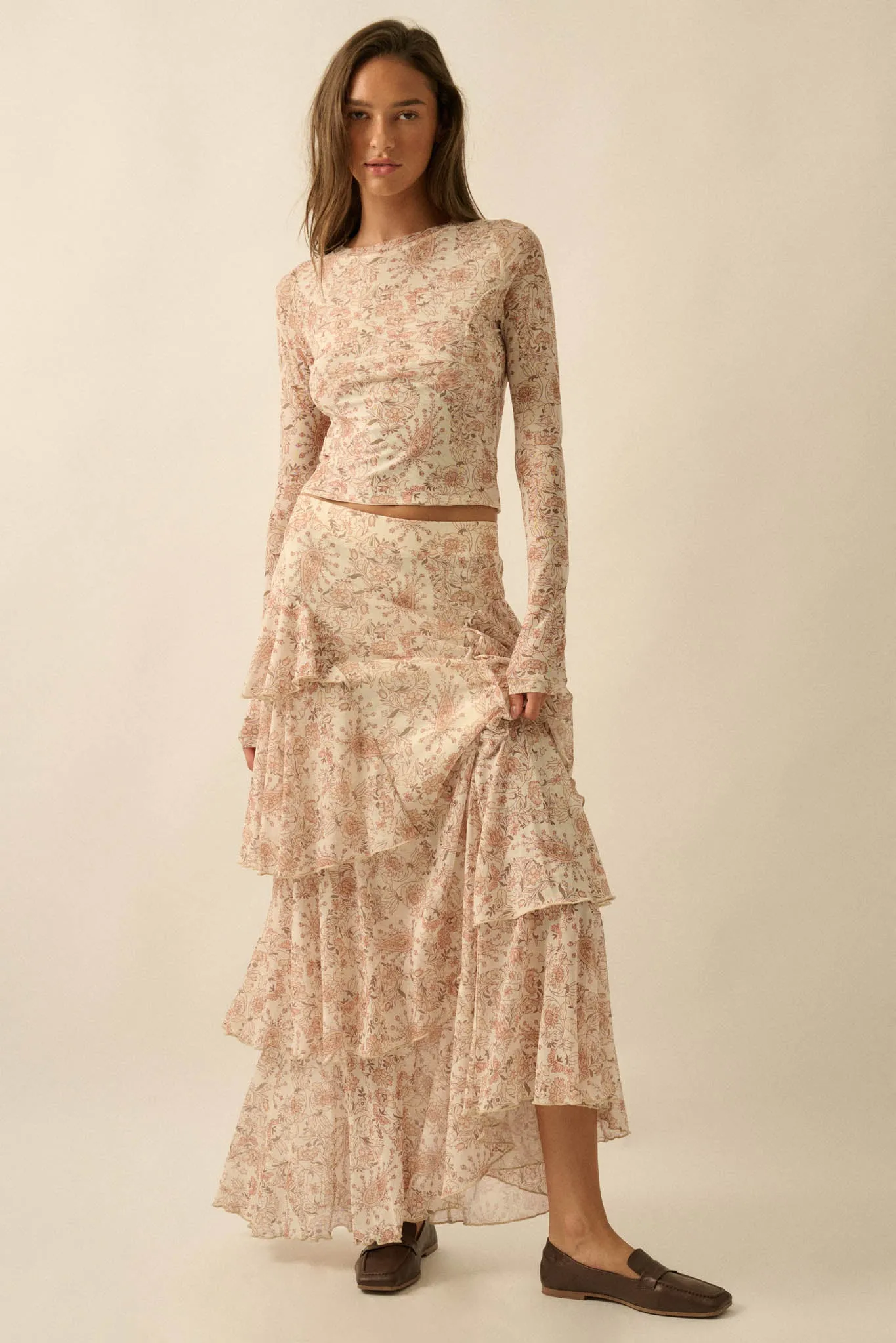 Pure Fantasy Paisley Mesh Tiered Ruffle Maxi Skirt sold by Promesa product image thumbnail 4