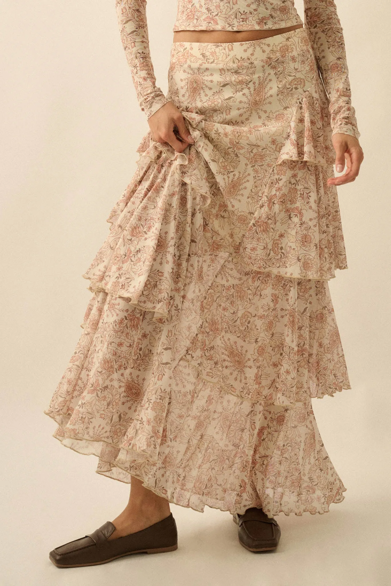 Pure Fantasy Paisley Mesh Tiered Ruffle Maxi Skirt sold by Promesa product image thumbnail 2