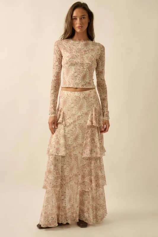 Pure Fantasy Paisley Mesh Tiered Ruffle Maxi Skirt made by Promesa