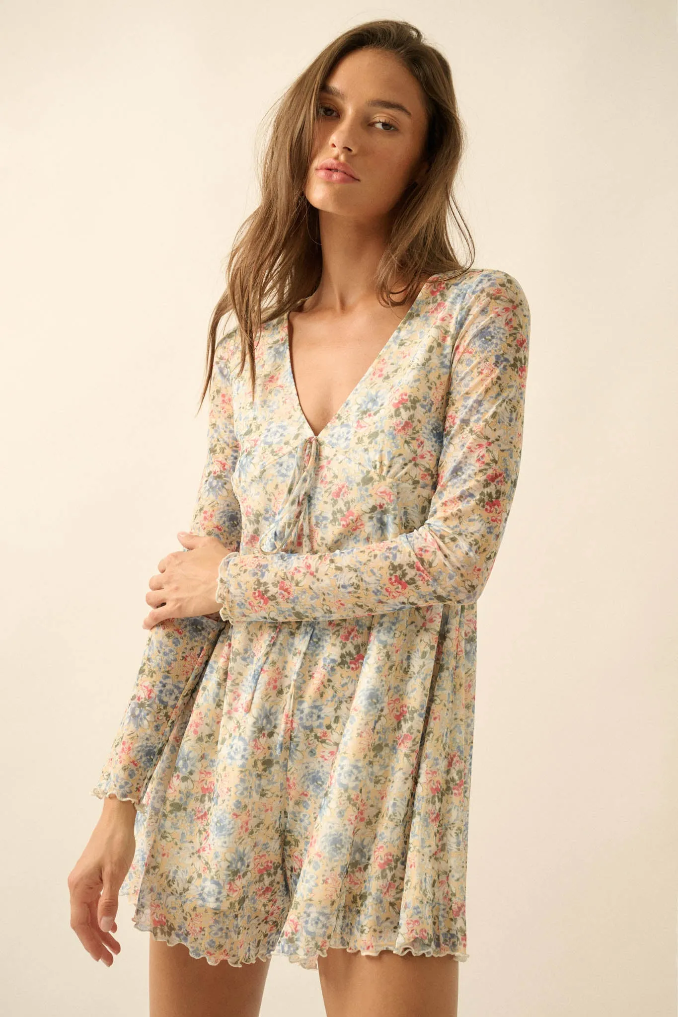 Budding Love Floral Mesh V-Neck Long-Sleeve Romper sold by Promesa product image thumbnail 5
