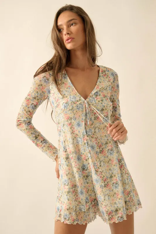Budding Love Floral Mesh V-Neck Long-Sleeve Romper made by Promesa